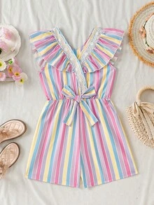 Tween Girl Colorful Striped Ruffle Romper - Multicolor - View 4