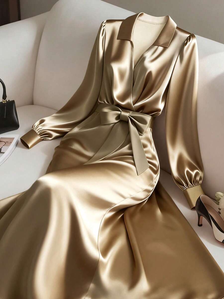 GlowEve CURVE 大码女式优雅休闲通勤日常缎面长袖交叉领长连衣裙,带系带蝴蝶结 - 卡其色 - 查看 1