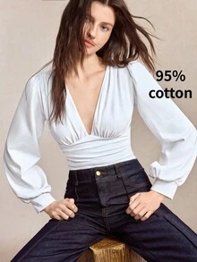 BizChic Long Sleeve Bodysuit Elegant Sexy French Vintage Business Commute Date Vacation Halloween Back To School Party Birthday Office Slimming Elegant Versatile Summer Autumn Casual Daily Wedding Guest Special Occasion Outing Beach Gathering Social Holiday Shopping Afternoon Tea Travel Formal Vacation Style Slouchy Luxury Minimalist - White - View 8