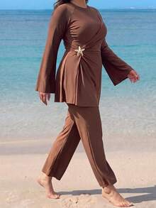 Swim Mulvari Plus Size 2pcs Set Solid Color Knit Fabric Long Sleeve Top With Star Metal Decoration On Waist Side, Long Flare Pants, Flattering And Slimming Middle Eastern Burkini - Brown - View 5
