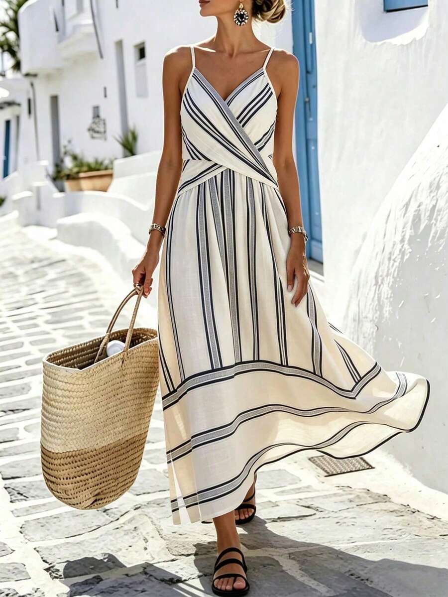 SHEIN Holidaya Women's Navy Blue And White Striped Floral Print Beach Dress,Elegant High-End Design Niche Summer Casual Holiday Vacation Holiday Outing Outfit - Beige - View 1