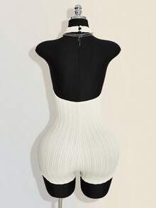 SHEIN ICON 女款黑色掛脖露背緊身貼身高領基本款休閒連身衣 - 杏色 - 查看 2