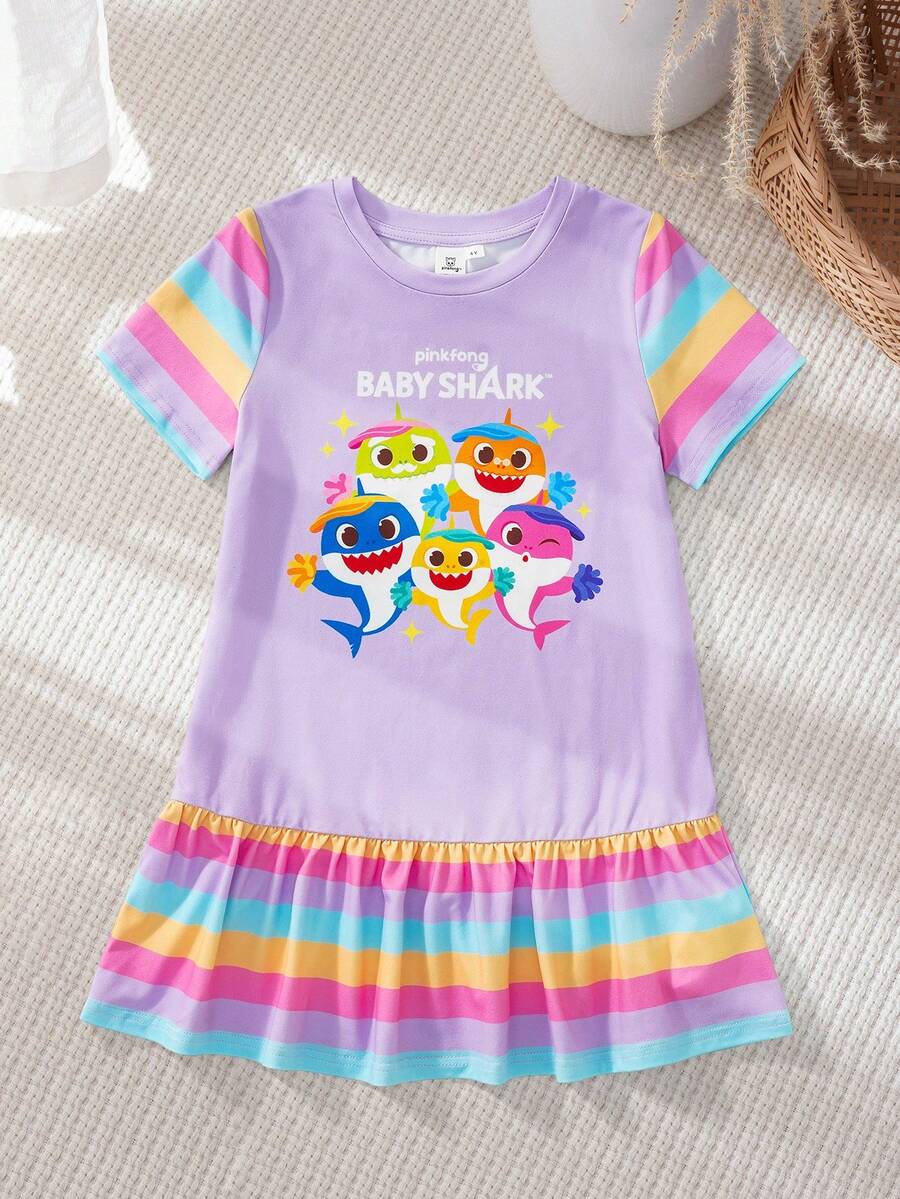 BABY SHARK X SHEIN Gaun Anak Perempuan Motif Kartun Garis-Garis Warna-warni - Purple - View 1