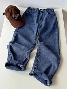 SHEIN Jeans de mezclilla con botones y bolsillos versátiles para niños y preadolescentes - Azul lavado oscuro - Ver 3