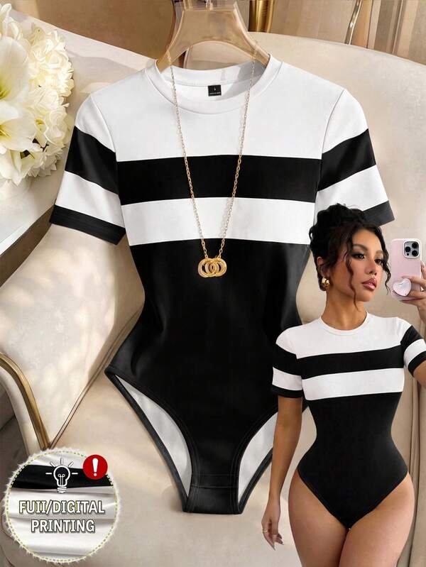GlowEve Women's Bodysuit Spring Summer New Outfit Colorblock Round Neck Short Sleeve Slim Fit Fashionable Elegant Streetwear Versatile Daily