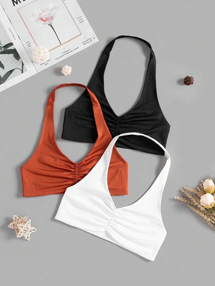 SHEIN Velisys Women's Plus Size Solid Color Ruched Halter Neck Sports Tank Top For Daily Fitness Gym Black Burnt Orange White Summer Gym Sports Gym - Multicolor - View 1