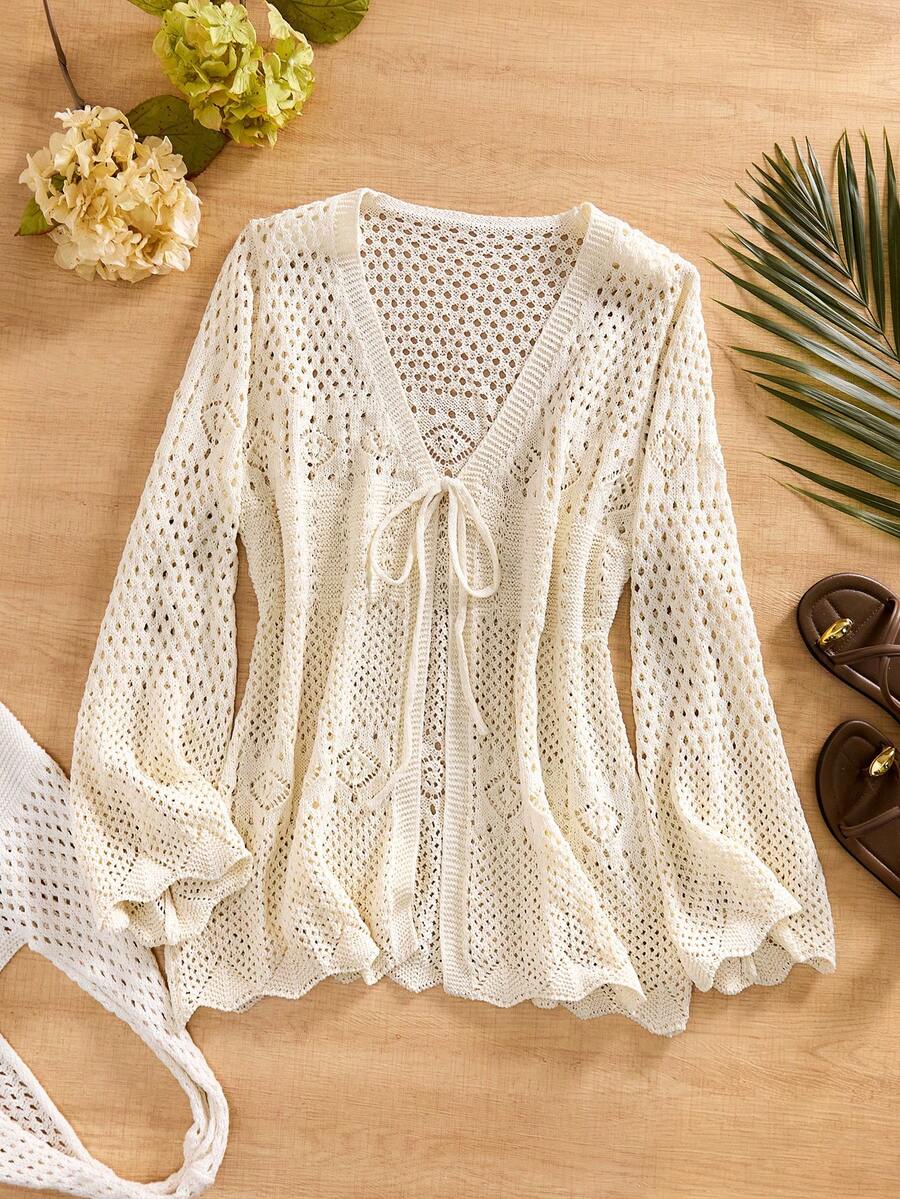 GlowEve CURVE Cardigan tricoté ajouré pour femmes, style décontracté de vacances - Nude - Voir 1