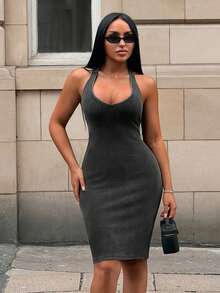 SHEIN SXY Women's Solid Color Deep V-Neck Distressed Halter Neck Sexy Dress Club Date Night Dark Grey Summer - Black - View 8