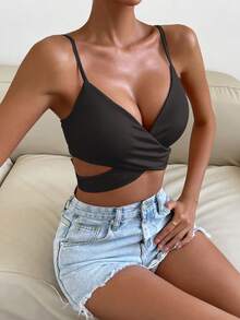 SHEIN Allurite Débardeur court femme de couleur unie avec dos croisé et nœud à nouer - Noir - Voir 3