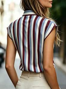 SHEIN Women's Summer Casual Striped Shirt - Burgundy - View 2