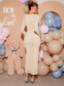 Loomaby Maternity Solid Color Pleated Metal Decor Casual Party Babyshower Photoshoot Travel Dress Gender Reveal Wedding Birthday Autumn - Khaki - View 7