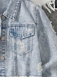 SHEIN Tween Girls Denim Jackets Coats Autumn Winter Vintage Streetwear Casual Light Blue Washed Distressed Fitted Short Jacket Soft Fabric School Holiday - Light Wash - View 6