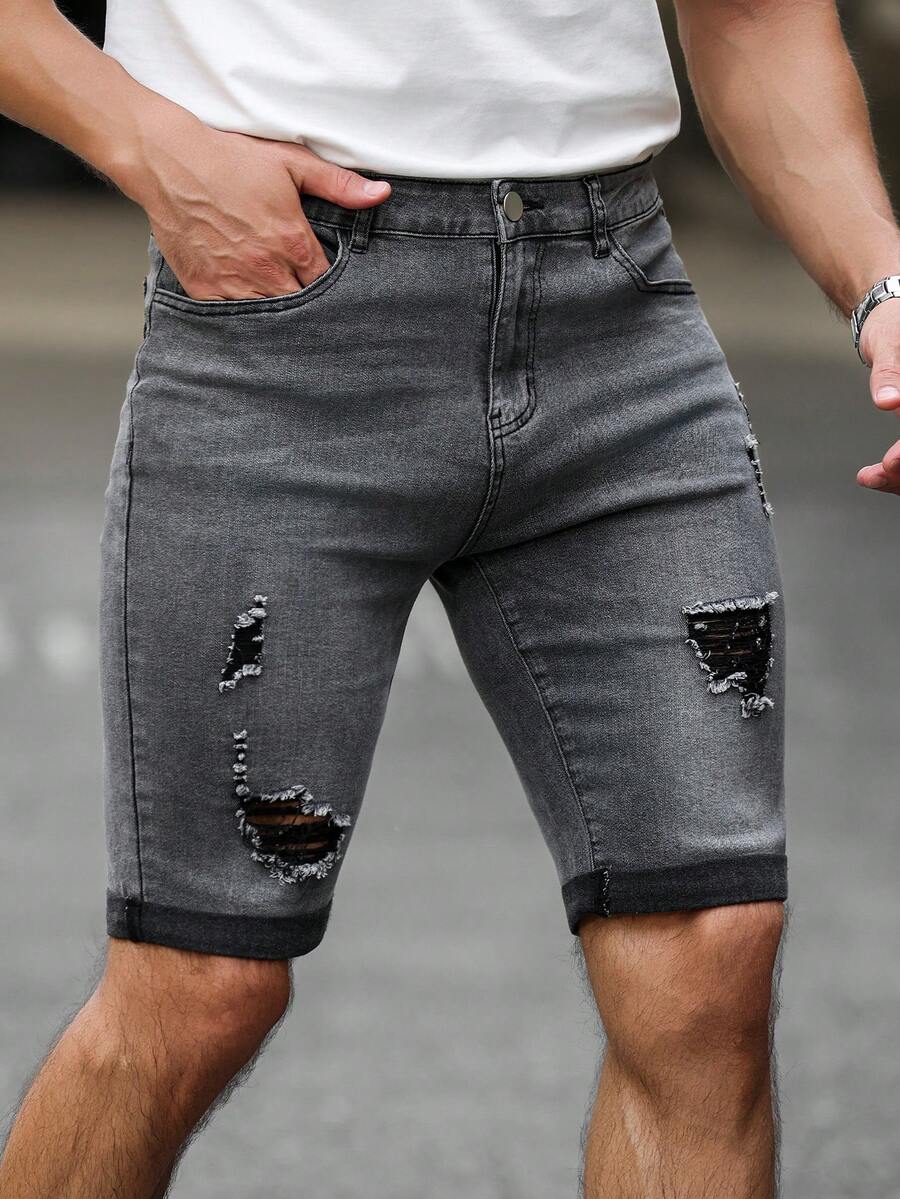 Manfinity Homme Men's Casual Versatile Daily Wear Denim Shorts With Pocket, Button And Distressed Design - Grey - View 1