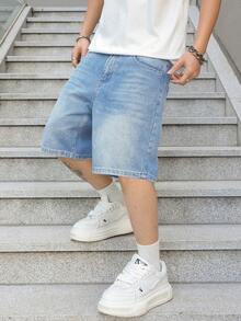 SHEIN Manfinity EMRG Pantalones cortos de mezclilla azul lavada talla grande para hombre, casuales y versátiles de 5 puntos - Lavado ligero - View 4