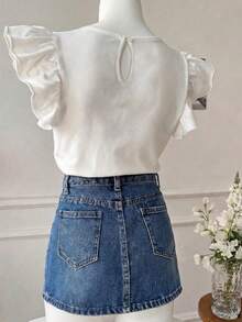 壓花 T-Shirt，波希米亞野花襯衫，植物，青少年女孩荷葉袖上衣 - 彩色 - 查看 2