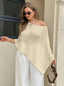 Easura 女款春夏秋時尚休閒不對稱鏤空露肩寬鬆顯瘦大尺碼長袖套頭針織衫，外出上衣，海灘度假款 - 杏色 - 查看 1