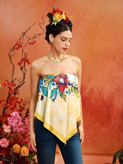 Glamance Frida Kahlo X SHEIN Floral Retro Pattern Pale Yellow Bandeau Top Loose Tank Top Cover Up Elegant Mature Casual Sexy For Outing Work Office Daily Gathering Party Birthday Vacation Middle East Travel Beach Swimwear Bohemian Summer