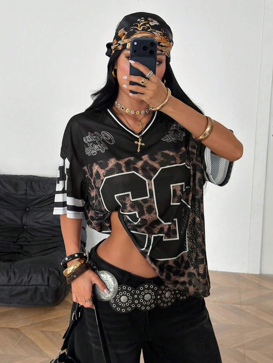 Coolane Women's Leopard Print Patchwork Digital Print T-Shirt - Black - View 1