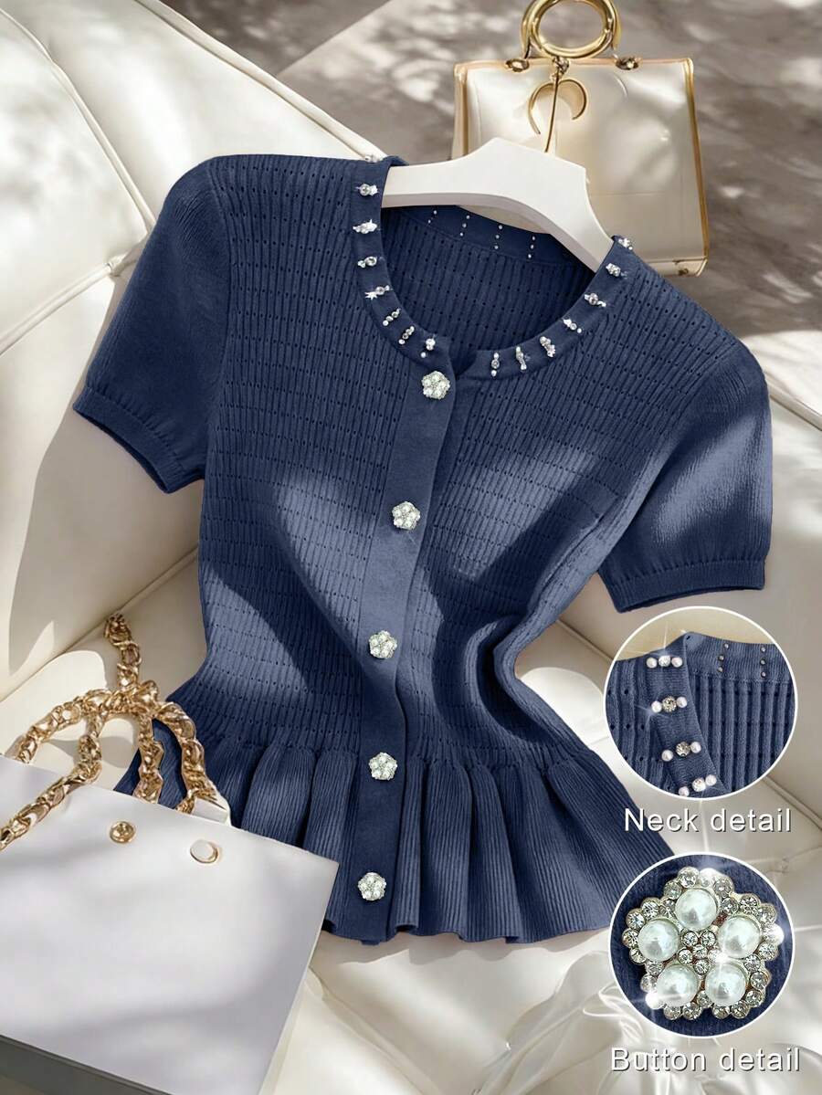 Franclia Women's Spring/Summer Casual Elegant Daily Versatile Solid Color Round Neck Regular Shoulder Slim Fit Short Sleeve Rhinestone & Pearl Button Decor Single-Breasted Ruffle Hem Regular Knit Cardigan - Blue - View 1