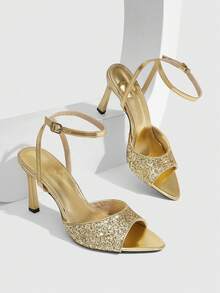 CUCCOO SZL Women's Fashionable & Elegant Sequin Decorated High Heel Sandals For Christmas - Grade A Light Gold - View 1
