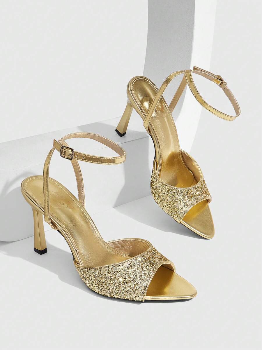 CUCCOO SZL Women's Fashionable & Elegant Sequin Decorated High Heel Sandals For Christmas - Grade A Light Gold - View 1