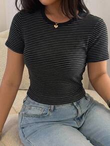 Dazy Plus Colorblock Striped Crew Neck Short Sleeve Slim Fit T-Shirt, Spring/Summer - Black - View 14