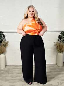 Hourglow Plus Knot Front Wide Leg Summer Outfits Pants, For Hourglass Body Shape Black - Black - View 8