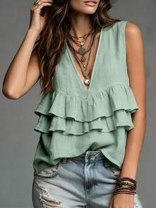 Trelyra Nueva Camiseta sin Mangas de Verano Color Caqui para Mujer Elegante Casual Minimalista Top de Vacaciones de Playa - verde menta - Ver 3