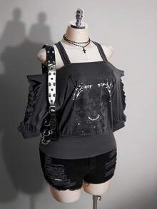 SHEIN ICON 大尺碼女款字母骷髏印花休閒百搭日常穿搭T恤 - 深灰色 - 查看 9