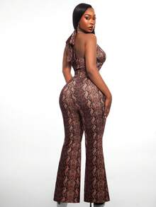 Radiana Plus Size Women's Fashion Sexy 2-Piece Set: Ring Design Snake Print Halter Deep V-Neck Top + Matching Flare Pants Set, Suitable For Party, Daily Wear - Multicolor - View 2