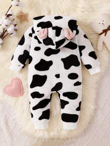 SHEIN Infant Girl Cute Playful Patchwork Heart Animal Ear Cow Print Long Sleeve Hooded Plush One-Piece Pajamas - Black and White - View 3