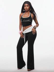 Vadaroq Women Summer 2 Piece Outfit, Halter Crop Top And Fold Over Flare Pants Set, Y2K Streetwear 2000s Black And White All Black Going Out Gym Workout - Black - View 4