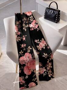 Elenzga Plus Size Women's Floral Print Straight Leg Pants, Minimalist Fall - Black - View 4