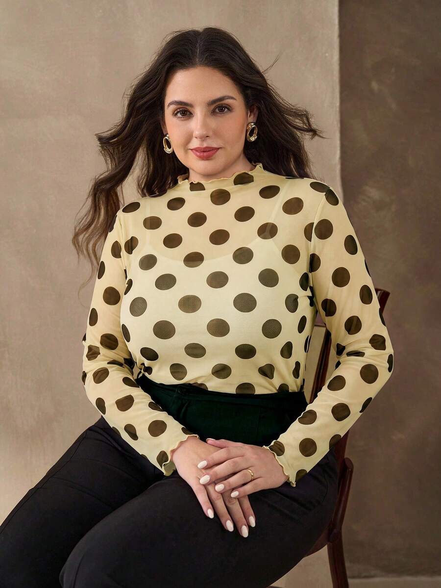 Chikora Plus Size Women's Mesh Print Elastic Fitted Polka Dot Top - Yellow - View 1