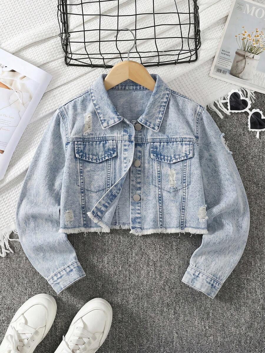 SHEIN Tween Girls Denim Jackets Coats Autumn Winter Vintage Streetwear Casual Light Blue Washed Distressed Fitted Short Jacket Soft Fabric School Holiday