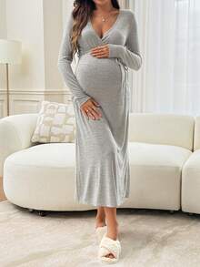 Slowluna Maternity Solid Color Overlap V-Neck Long Sleeve Waist Tie Nursing Dress Fall - Grey - View 6