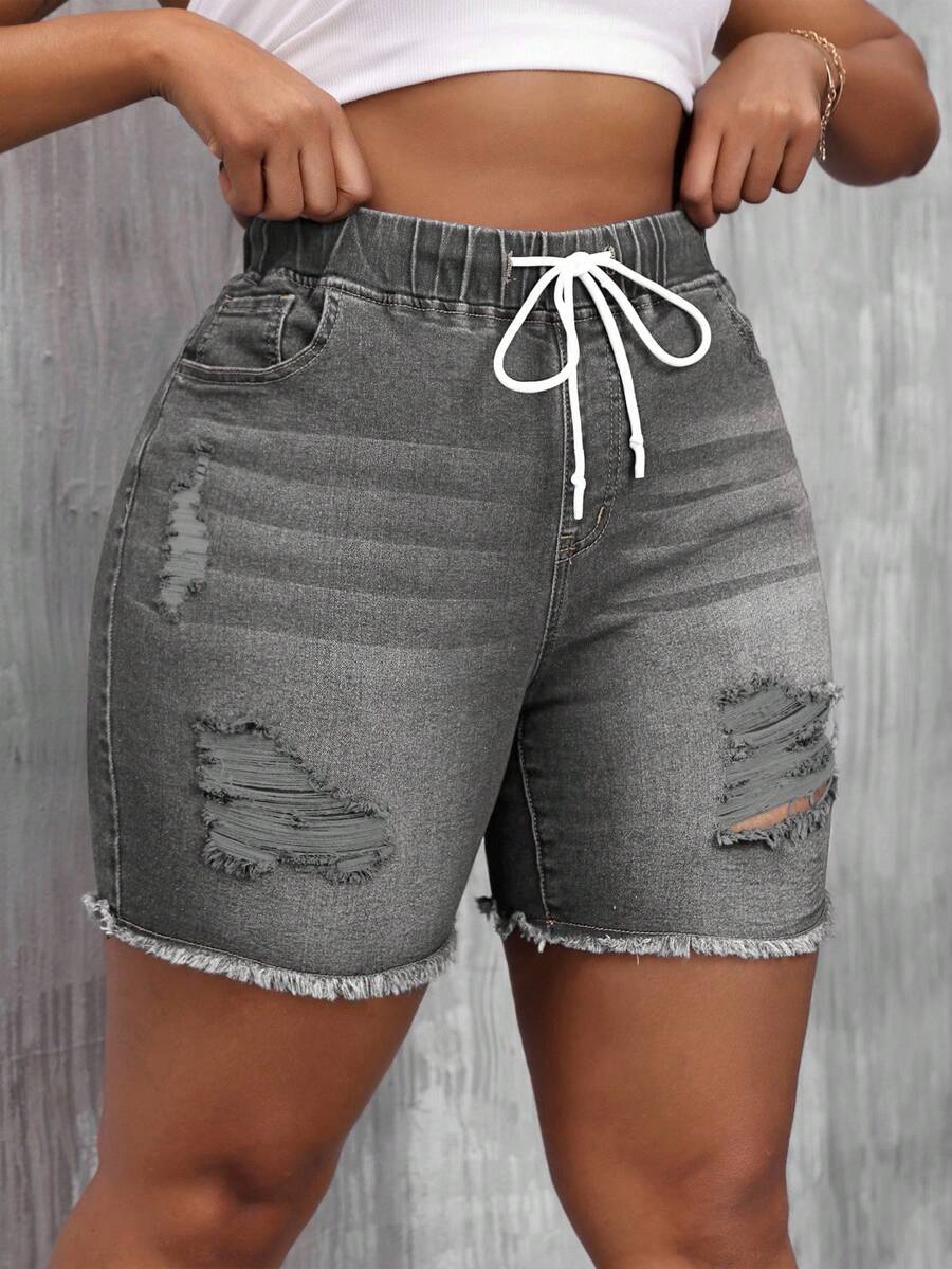 EURMUSE Shorts vaqueros ajustados con efecto desgastado y rasgado para tallas grandes - Gris Claro - View 1