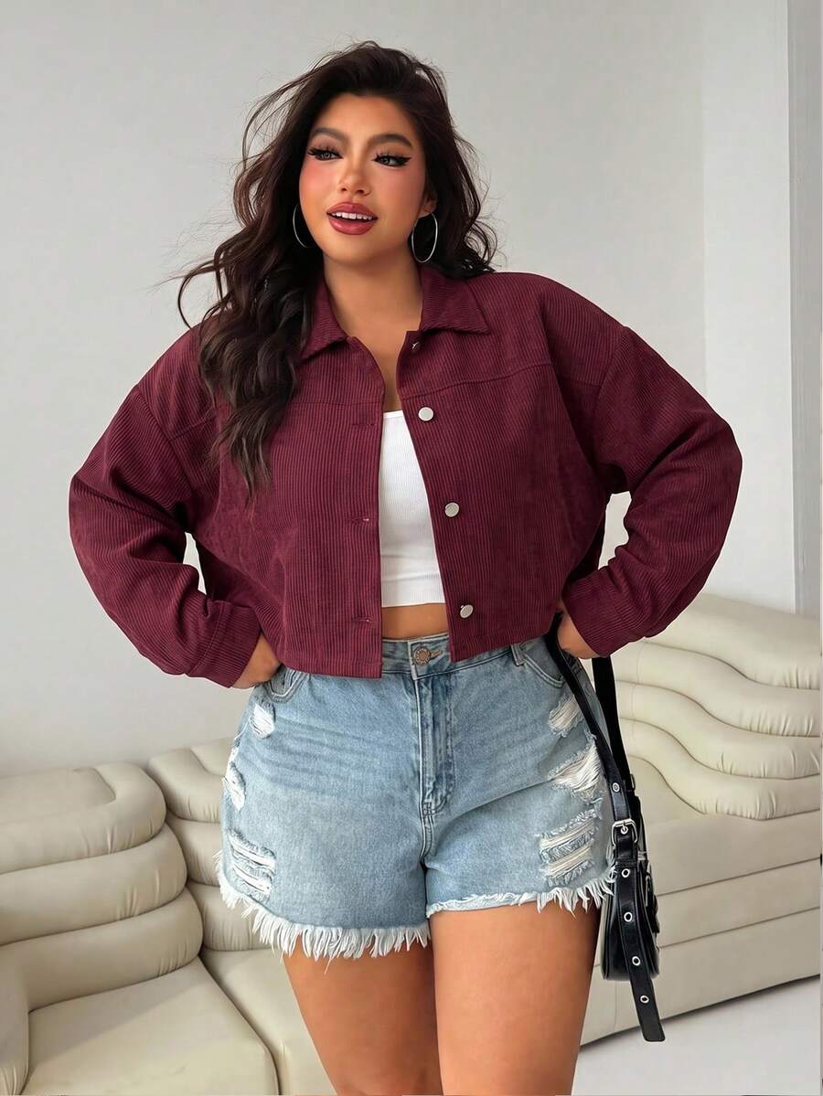 SHEIN EZwear 女款大尺碼長袖單排扣休閒酒紅色夾克 - 酒紅色 - 查看 1