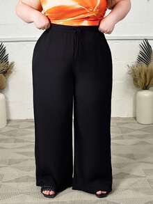 Hourglow Plus Knot Front Wide Leg Summer Outfits Pants, For Hourglass Body Shape Black - Black - View 5
