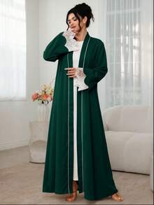 Al Najma Contrast Color Placket With Petal Decoration, Contrast Lace, Holiday Wear Arabic Long Robe - Dark Green - View 8