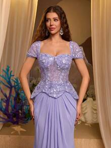 Glamrae Romantic 3D Lace Off-Shoulder Sheer Fishbone Boning Skirt With Novel Sculptural Mermaid Tail Train, Suitable For Dates, Vacations, Bachelorette Parties, Weddings, Back To School, All Formal Occasions, Women's Evening Gown - Purple - View 4