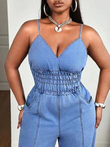 Slaydiva Plus Size Women's Pleated Pocket Casual Strappy Denim Jumpsuit - Blue - View 6