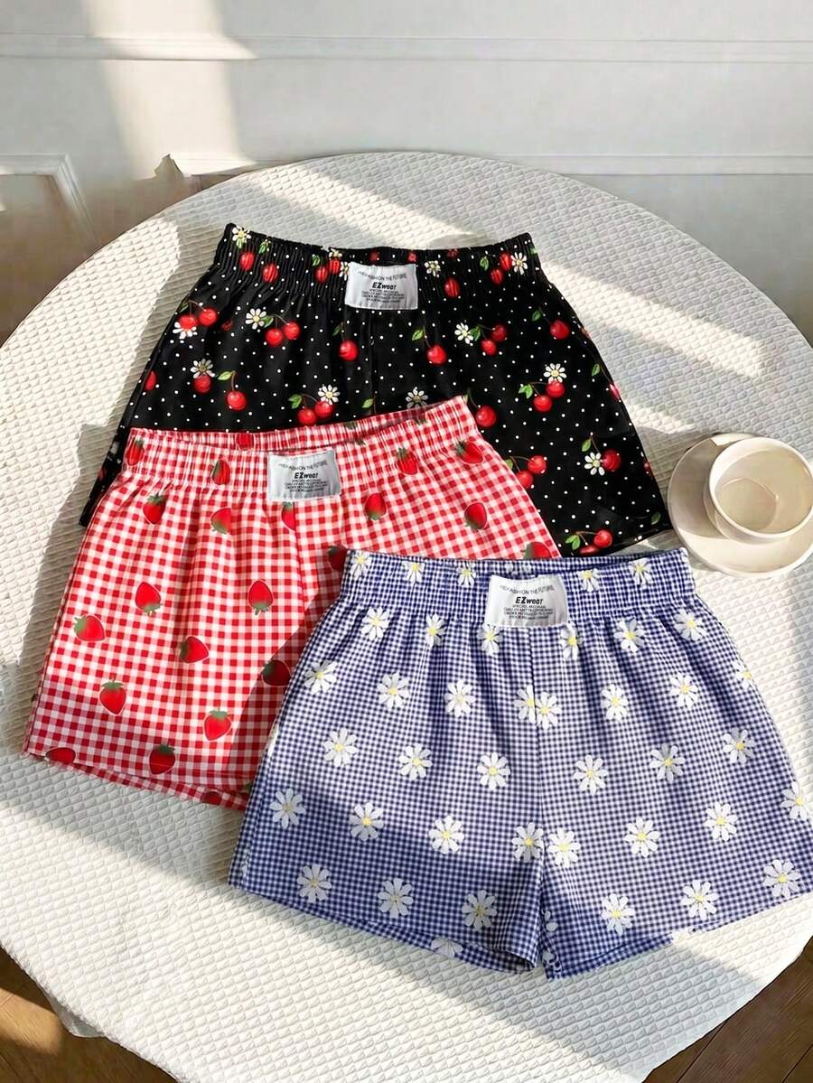 SHEIN EZwear 3件組舒適女款短款休閒短褲,梭織面料,適合日常穿著,迷彩印花短褲套裝 - 彩色 - 查看 1