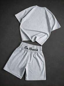 2pcs Kids Tween Boys Casual Gothic Font Graphic Crew Neck Short Sleeve Heather Grey T-Shirt And Grey Shorts Squishy Set, Y2K Set, Summer Tops, Summer Shorts, Boys Outfit Kids Set, Suitable For Spring/Summer, Valentine's Day, Date, Summer Outfit, Family Gathering, Back To School, Wedding Season, Sports, Birthday Party - Grey - View 4