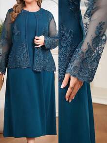 Modelyn 大尺碼女款花卉刺繡網紗長袖開襟上衣與洋裝優雅兩件套 - 藍色 - 查看 1