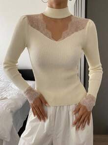 DAZY Women Lace Splice Hollow Out Slim Fit Long Sleeve Sweater, White, Spring/Autumn,Fall Women Clothes - White - View 12