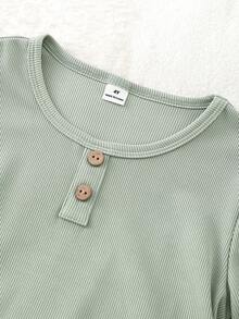 SHEIN Vintaside Kids Boys Fall Autumn/Winter ' Classic Minimalist Casual Daily Home Premium Soft Skin-Friendly Knit Ribbed Solid Light Gray-Green Fabric Round Neck Set - Green - View 5