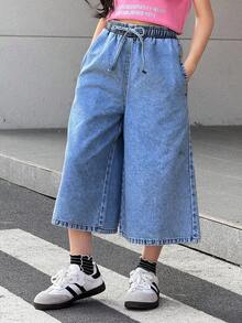 SHEIN Tween女孩休閒水洗寬腿牛仔褲 - 中等水洗藍 - 查看 5