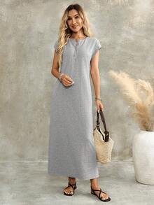 EMERY ROSE Women's Zipper Casual Solid Color Loose Fit Short Sleeve Long Dress, Summer Everyday Light Grey Birthday Going Out Vacation Outfits - Grey - View 5