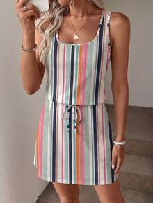 SHEIN LUNE Vestido mini holgado con estampado de rayas de colores, adecuado para vacaciones de primavera/verano - Multicolor - Ver 1